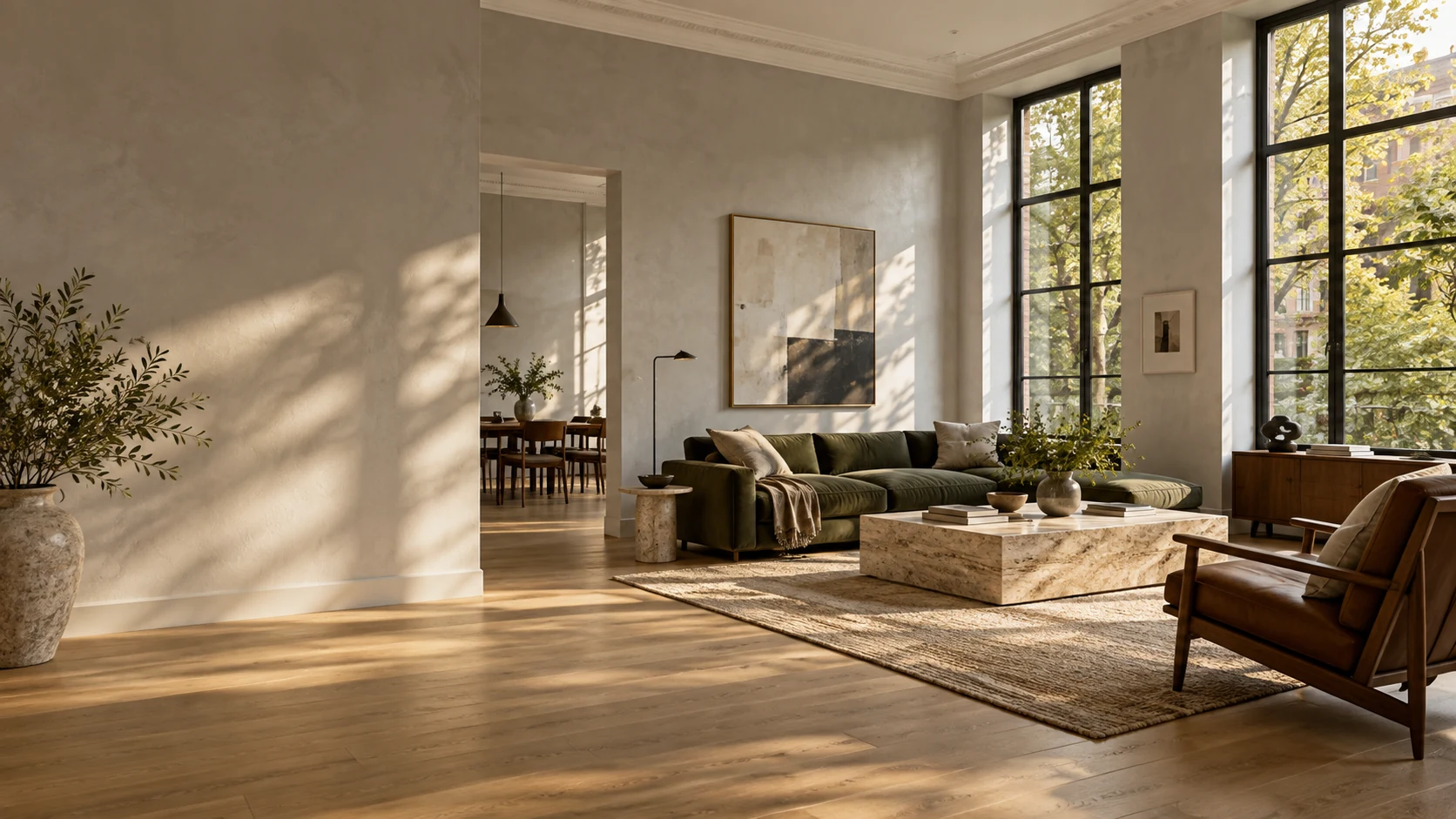 Sunlit contemporary living room with an olive sofa, warm timber floors and tall windows